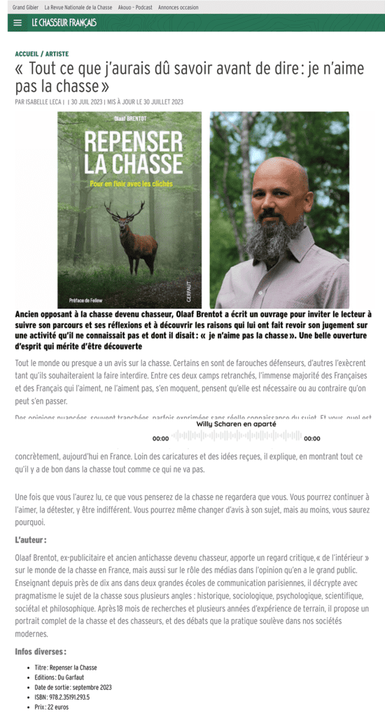 Revue de presse «  Tout ce que j’aurais dû savoir avant de dire  je n’aime pas la chasse » – Le chasseur français