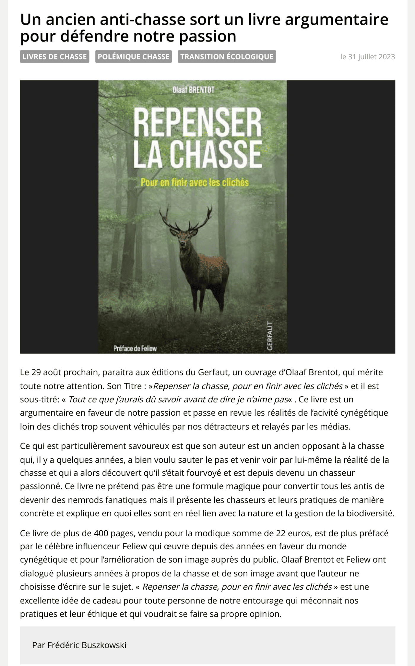 Un ancien anti chasse sort un livre argumentaire pour défendre notre passion Chassons.com