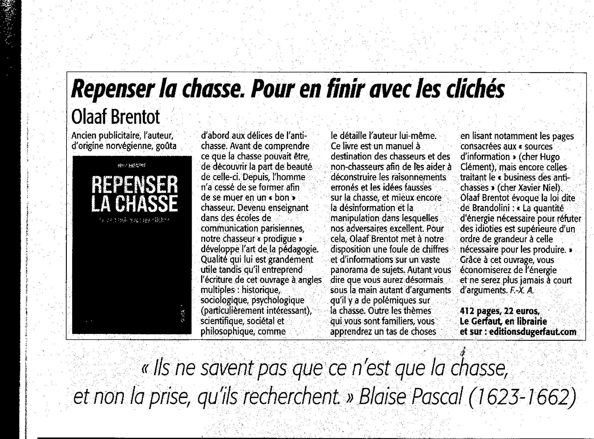 Revue de presse Repenser la chasse dans Connaissance de la chasse janvier 2024